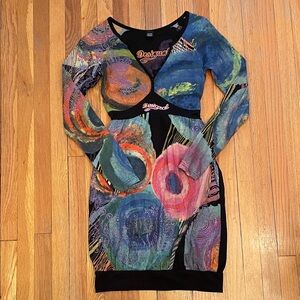 DESIGUAL Abstract Avant Garde Print Colourful Long Sleeve Vneck Urban Mini Dress
